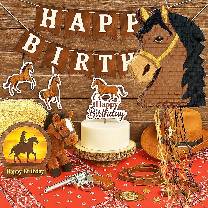 WERNNSAI Horse Piñata - Brown Horse Party Decorations Hanging Cowboy Piñata with Blindfold and Bat Western Cowboy Party Favors for Kids Boys Classroom Activities Game