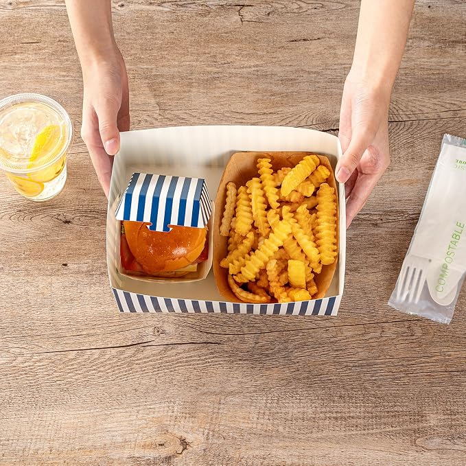 Restaurantware Bio Tek 8.4 x 6.1 x 3.5 Inch Burger Trays 100 Disposable Paper Food Trays - Sustainable Sturdy Blue And White Paper Movie Snack Trays For Meals Snacks And Baked Goods - Image 5