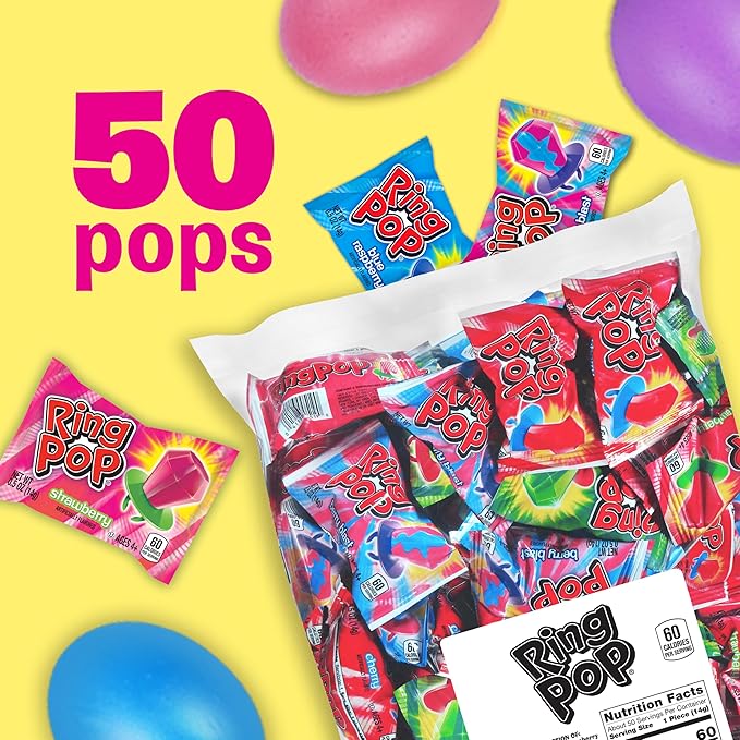 Ring Pop Candy, Easter Lollipops, 50 Ct Party Favors in Assorted Fruity Flavors - Full Size, Fun Hard Candy For Birthday Parties, Party Favors, Easter Basket Stuffers, Egg Fillers, Gifts for Kids