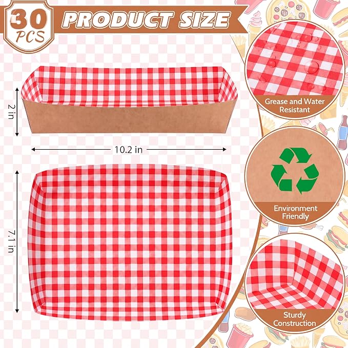Disposable Red White Checkerboard Paper Food Trays 5 lb Heavy Duty Kraft Paper Food Serving Boats 10.2 x 7.1 x 2 Inch Nacho Taco Hot Dog Chips Snack Hamburger Holder for Party Restaurant (30 Pcs) - Image 3