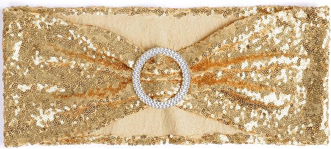 ANMINY Spandex Sequin Chair Sashes with Bows, Light Gold, Pack of 200 - Image 5