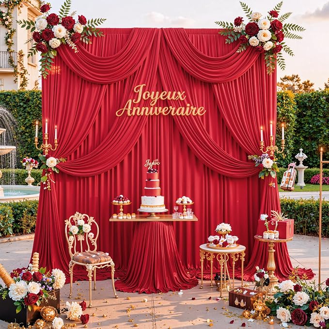 Outpain 20 ft x 8 ft Red Backdrop Curtain Panels, 4 Panels 5 ft x 8 ft Wrinkle Free Polyester Photography Backdrop Drapes, Wedding Party Home Decoration Supplies - Image 2