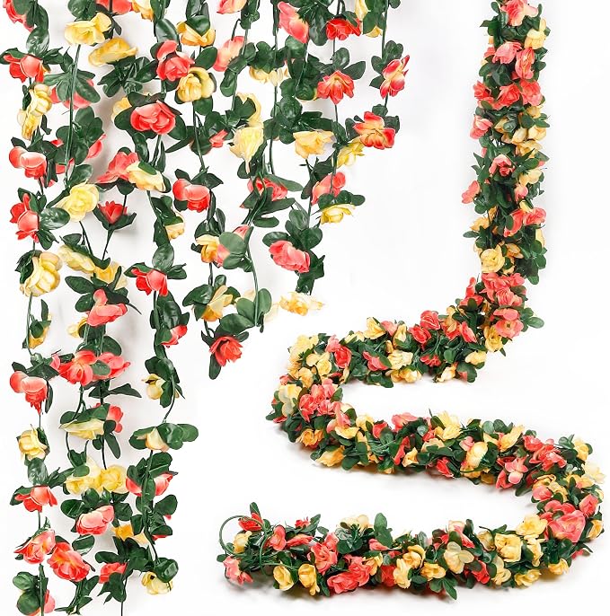 Miracliy 5Pcs 41FT Champagne and Orange Flower Garland for Wedding Backdrop | Champagne and orange rose vines bring warm sunset tones to wedding arches, garden parties and autumn-inspired event decor by Miracliy