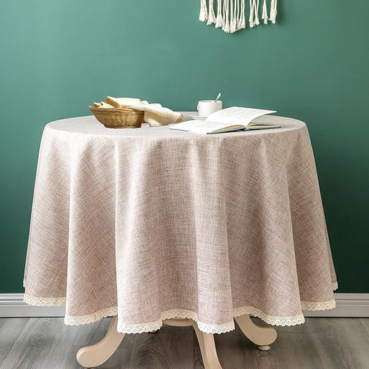 Linen Rustic Burlap Washable Tablecloth,Solid Heavy Weight 108 Inch Round Overlay Lace Edge Table Cover for Kitchen Dinning Decoration