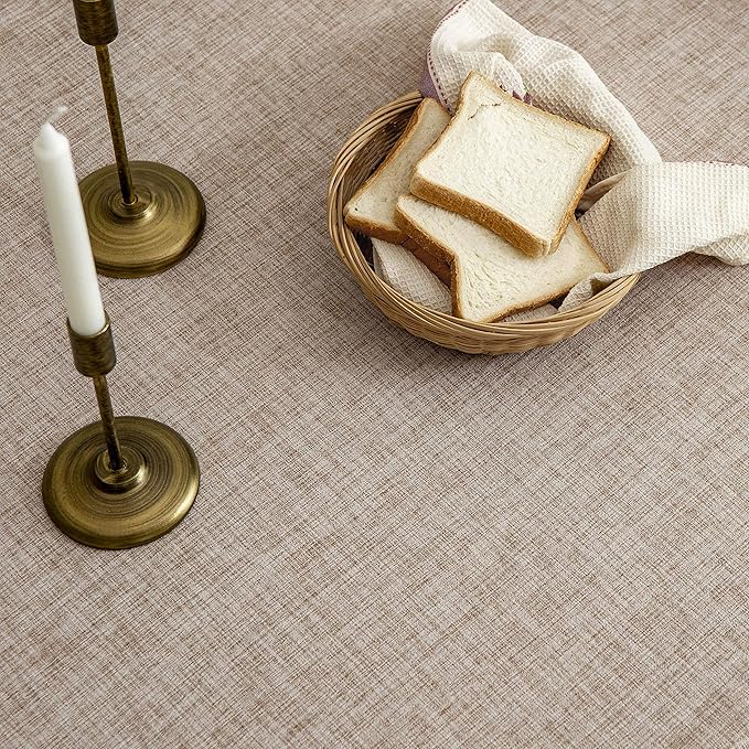 Linen Rustic Burlap Washable Tablecloth,Solid Heavy Weight 70 Inch Round Overlay Lace Edge Table Cover for Kitchen Dinning Decoration