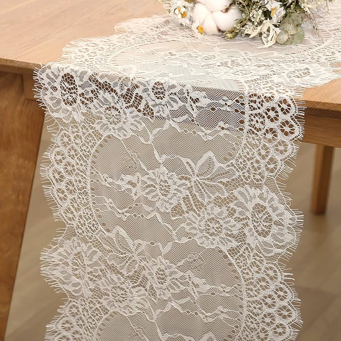 Lace Table Runners Farmhouse Chic Runner 14x120 Inch Rustic Wedding Ivory by LuoluoHouse