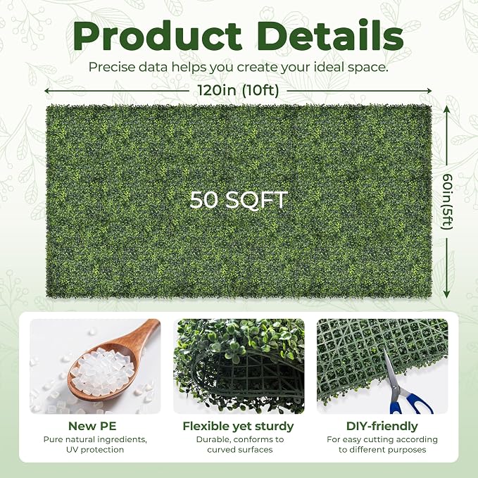 Artificial 60x120 in (50 Sqft) Boxwood Grass Wall Backdrop Roll | UV-Anti Faux Green Leaf Privacy Fence, Garden/Backyard/Patio/Balcony/Party Greenery Hedge Backdrop, Indoor Outdoor Decor - Image 2