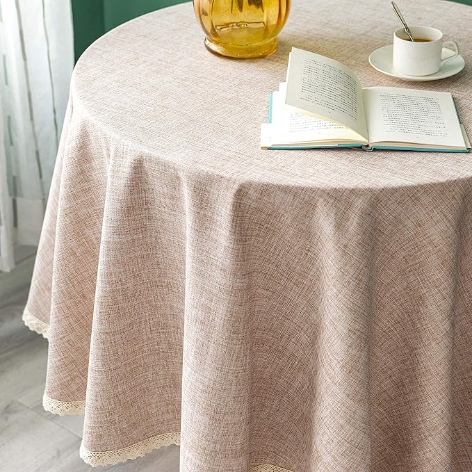 Linen Rustic Burlap Washable Tablecloth,Solid Heavy Weight 90 Inch Round Overlay Lace Edge Table Cover for Kitchen Dinning Decoration