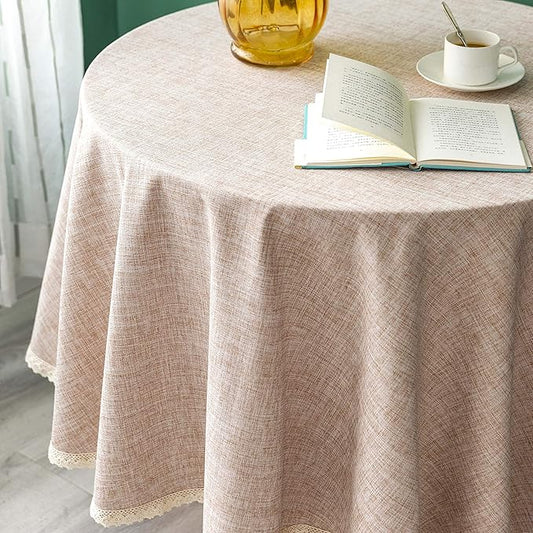 Linen Rustic Burlap Washable Tablecloth,Solid Heavy Weight 90 Inch Round Overlay Lace Edge Table Cover for Kitchen Dinning Decoration